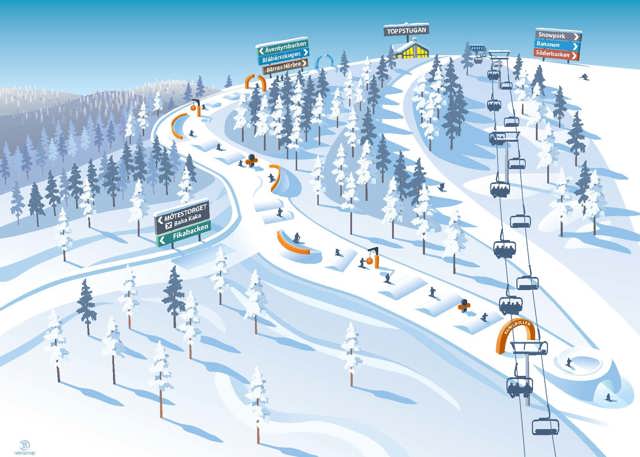 Illustrerad karta över ett skidområde med nedfarter, skogspartier, liftar och skyltar som visar vägar till olika backar och aktiviteter.